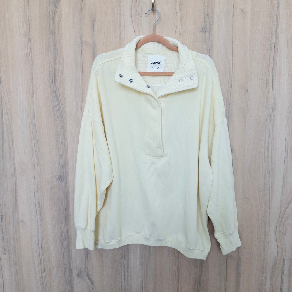 Aerie Oh Snap Oversized Sweatshirt M Butter Yellow Waffle Trim Athleisure Preppy